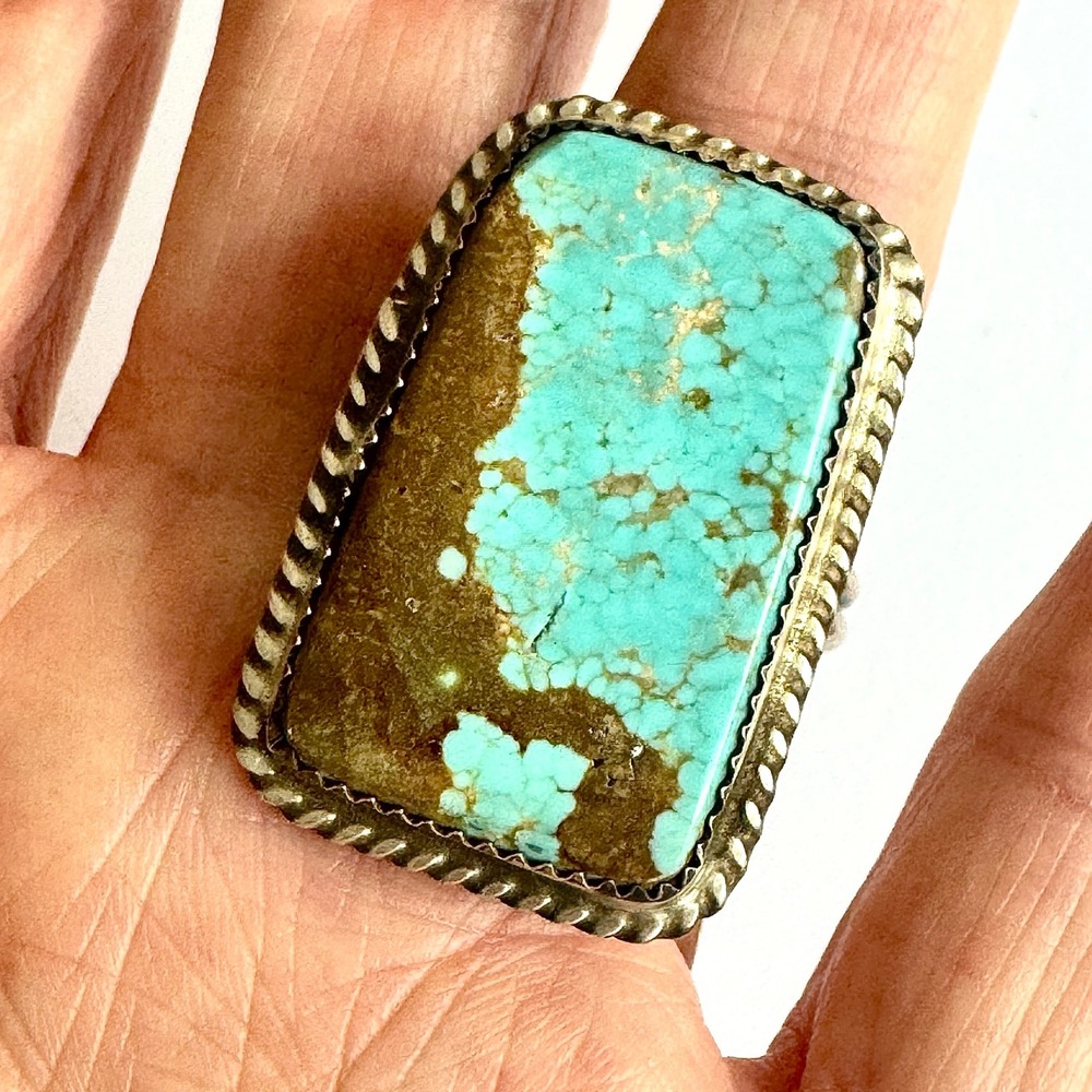 Navajo #8 Mine Turquoise Ring Sz 7 Signed Nez Adjustable Native American
